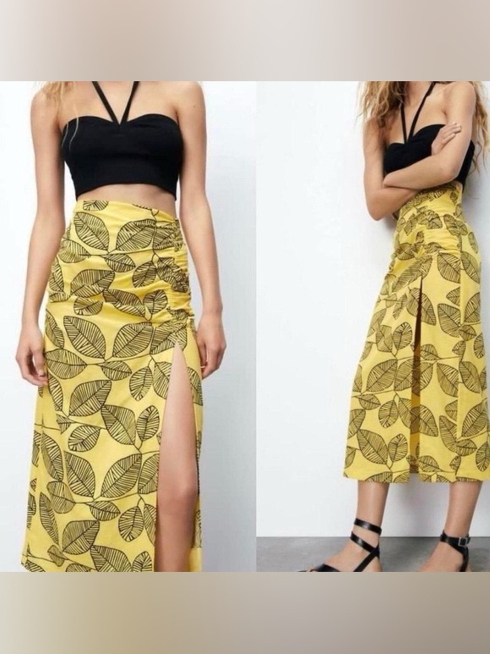 Zara Yellow Leaf-Print Midi Skirt with High Side Slit size medium